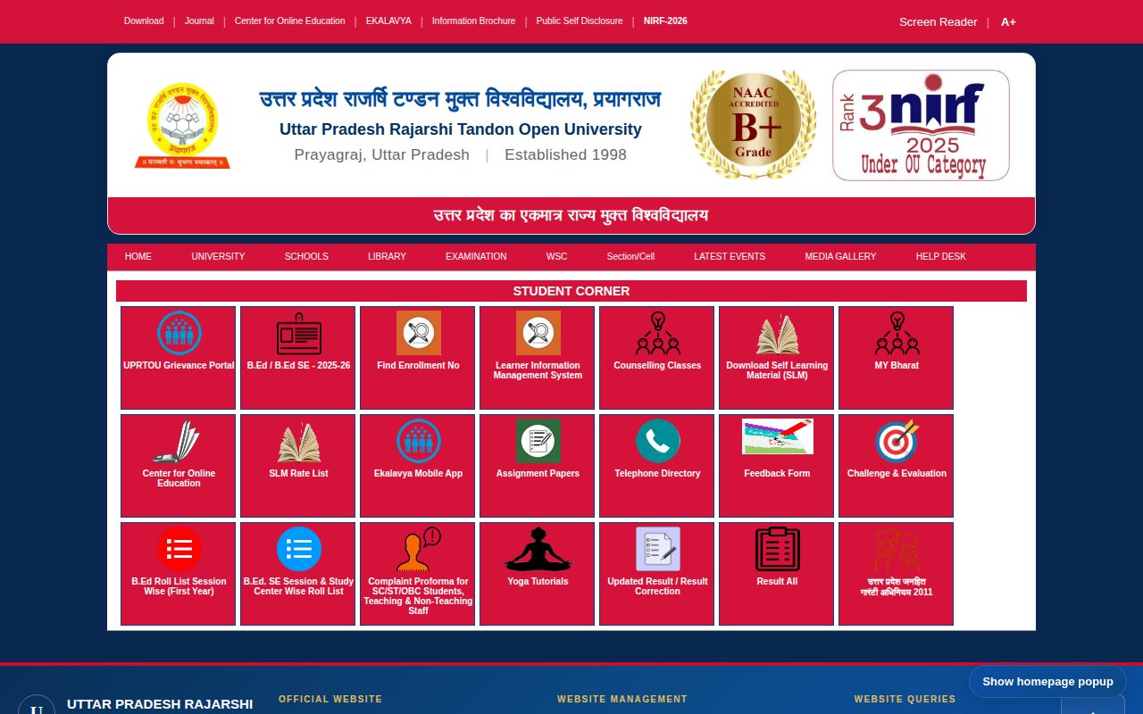 Official UPRTOU page on uprtou.ac.in: access Student Corner for SLM and portal services