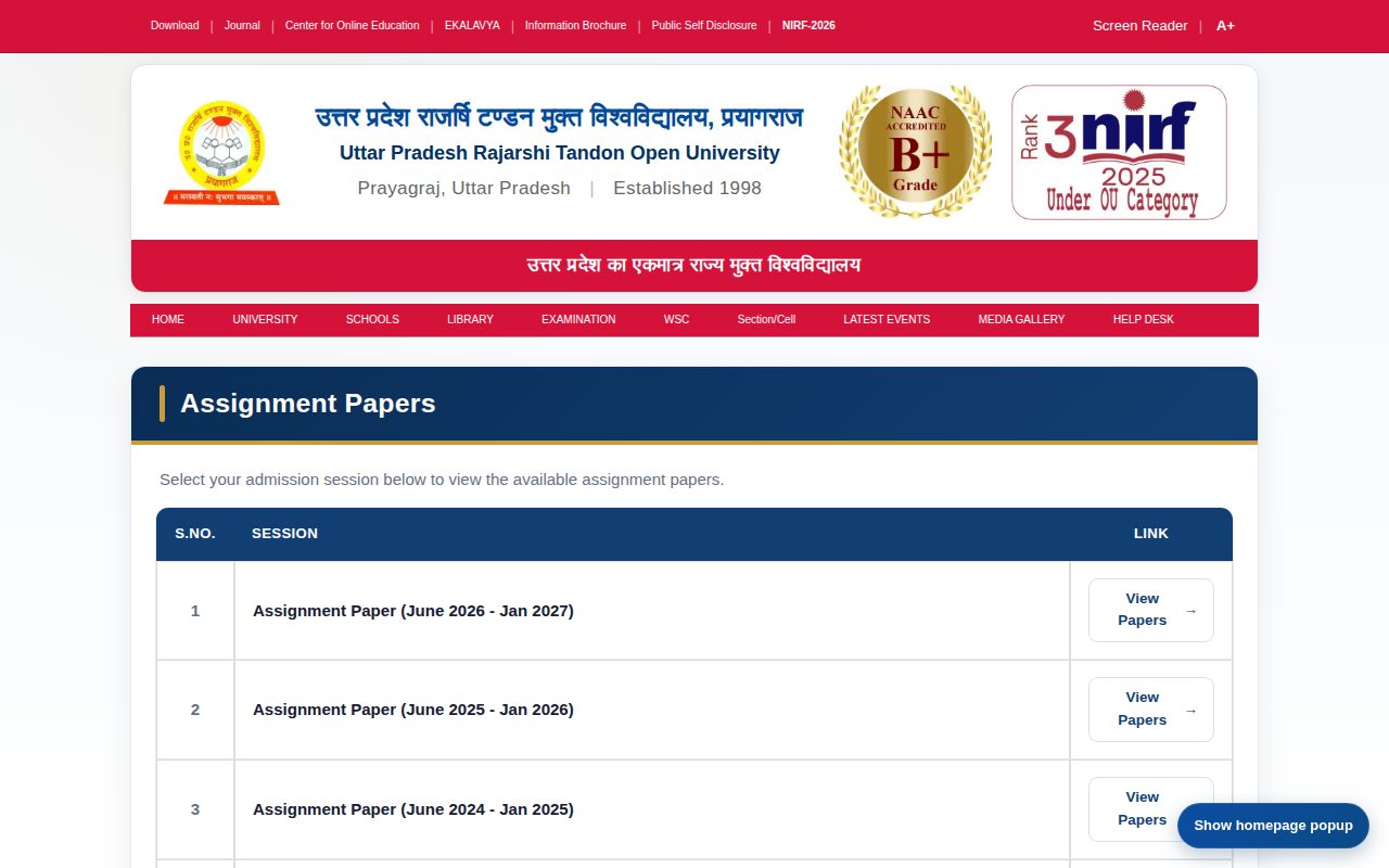 Official UPRTOU page on uprtou.ac.in: open UPRTOU assignment front page